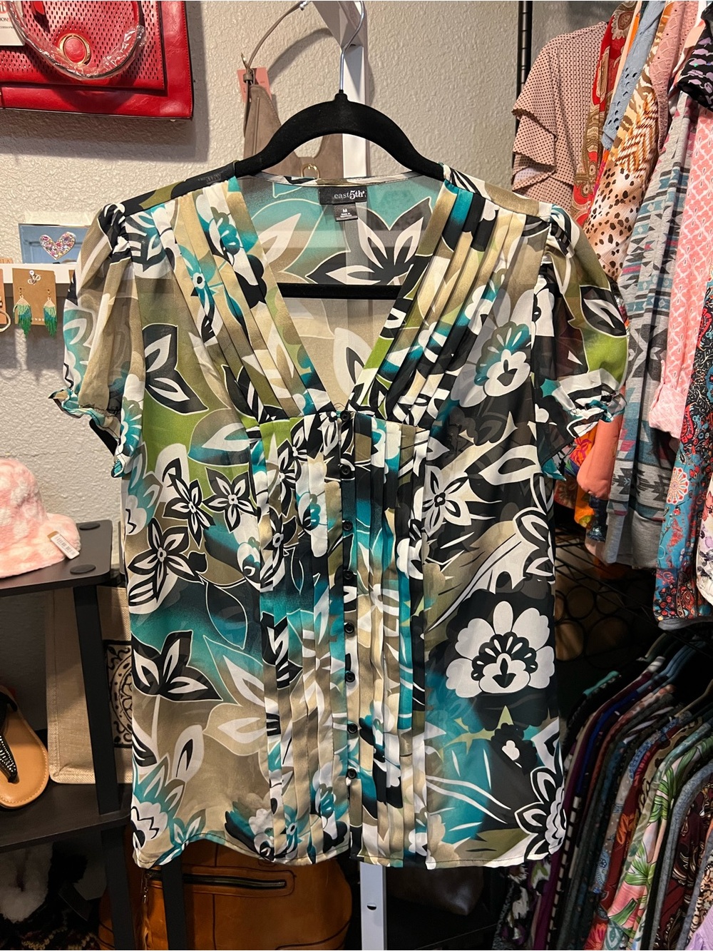 East 5th Teal Green Black Floral V-Neck Blouse